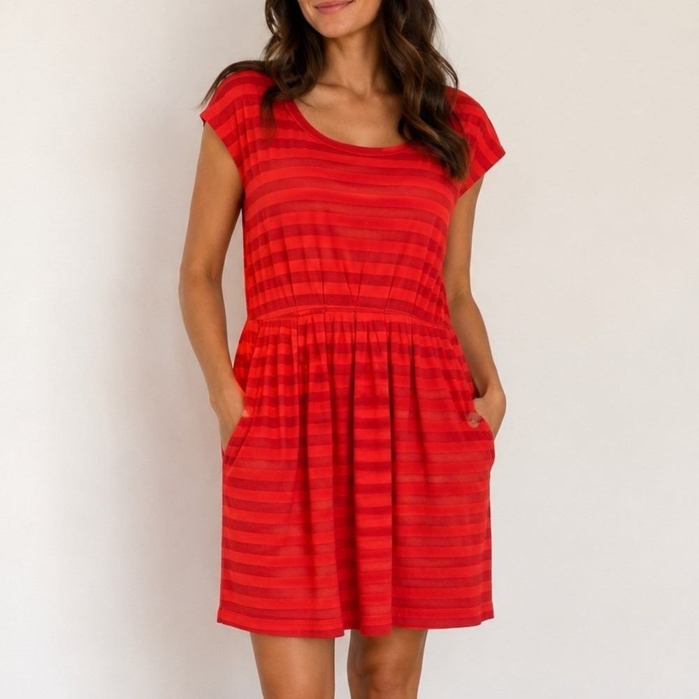 Fossil Striped Babydoll Tunic Top Medium Red Modal Blend Pockets Casual